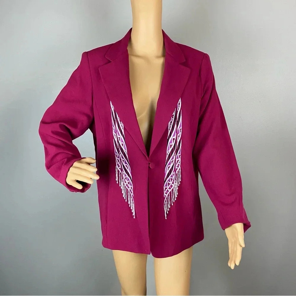 Bob Mackie Wearable Art Womens Medium Pink Blazer Jacket Beaded Pockets